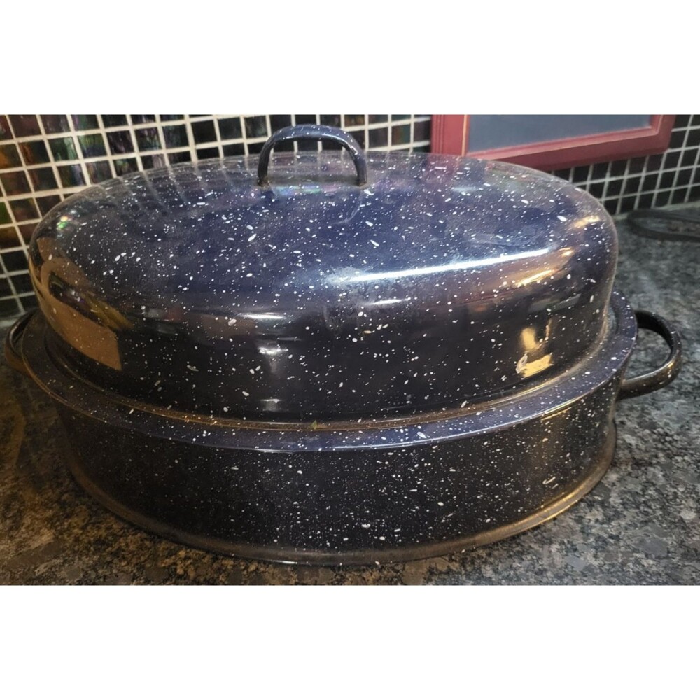 Savory Roasting Pan Navy Enamel Roaster W/Lid Double Wall Large 16" Vintage